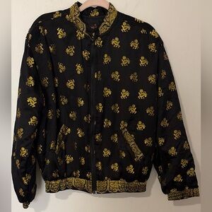 Sacred Threads Black and Gold Printed Bomber Jacket Medium